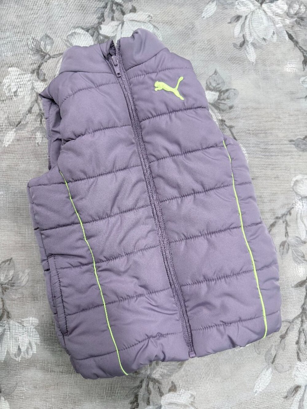 PUMA Girl's 4T Lilac Puffer Vest Neon Green Trim Lightweight Quilted